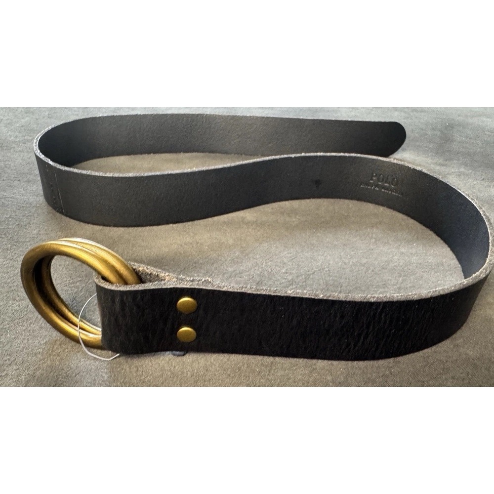 NWT Polo Ralph Lauren Womens Black Leather Double O-Ring Belt Brass Buckle S